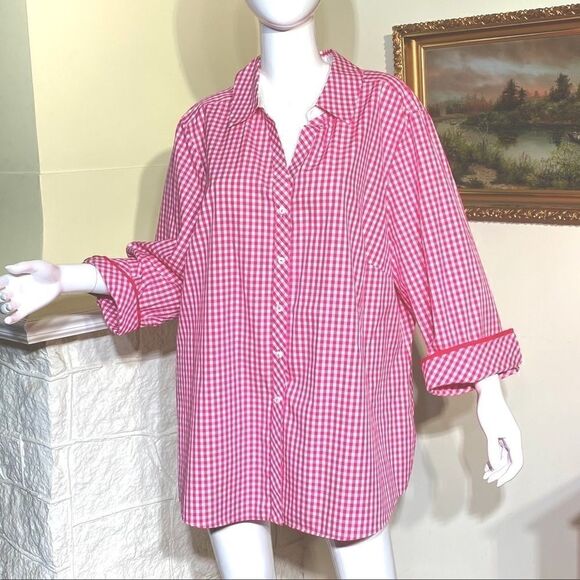 AS NEW Foxcroft No-Iron Pink & White Gingham Shirt - Picture 2 of 8